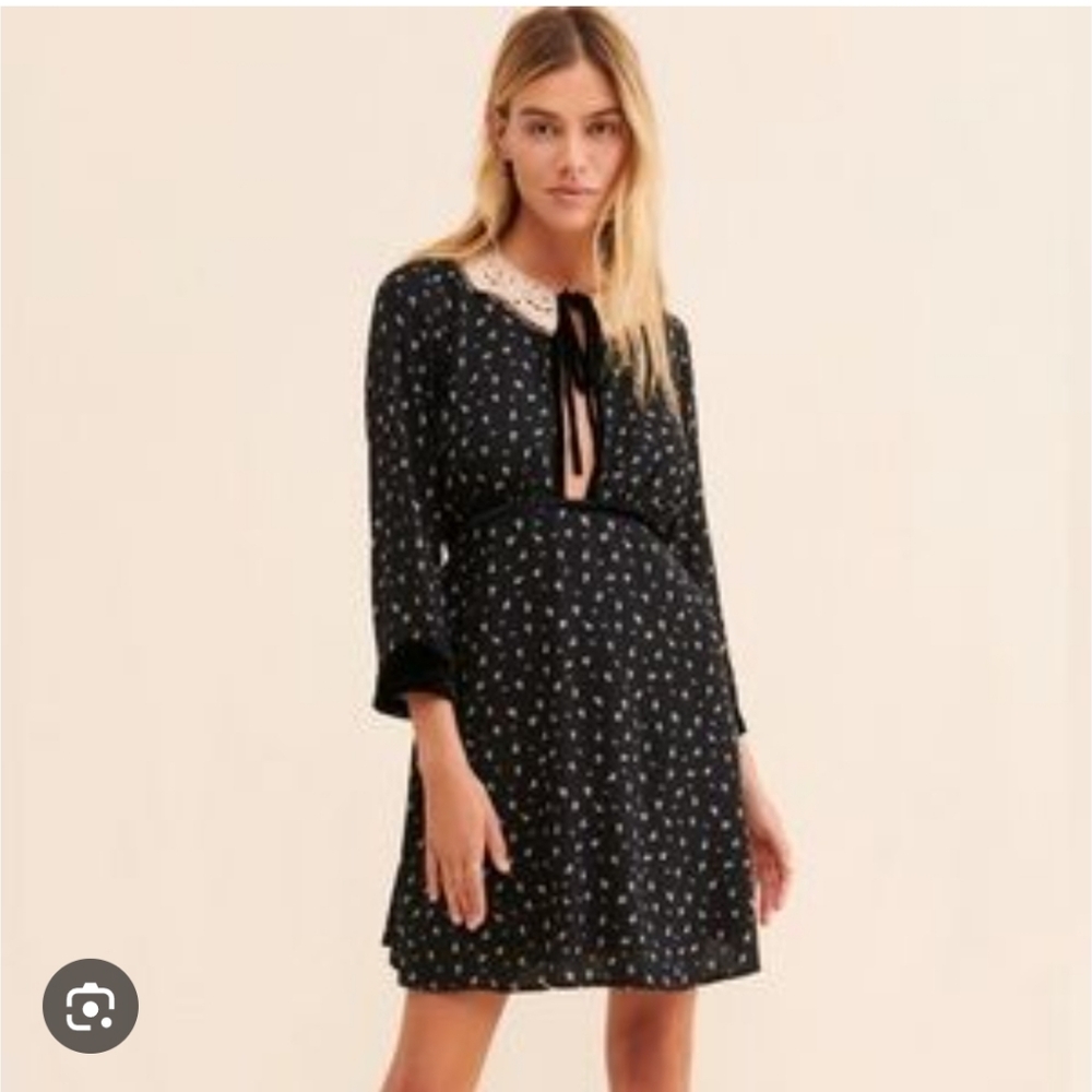 Free People Delfina Mini Dress Floral Babydoll Lace With Velvet Trim Size S/M